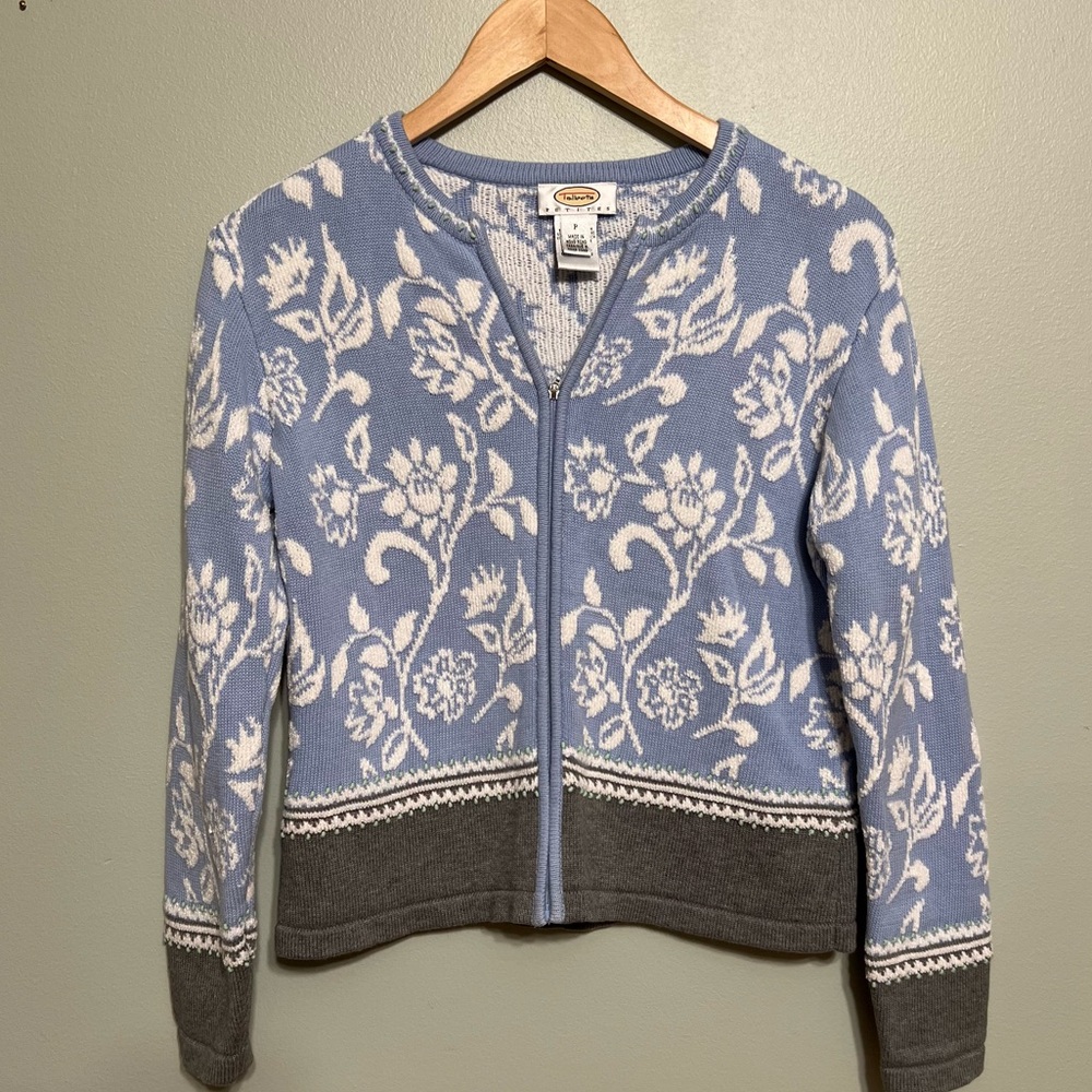 Vintage Talbots Blue w Green/White Floral Zip Cotton Sweater Cardigan Petite XS